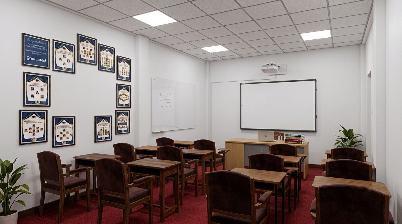 A College of ICT classroom in Kokuvil, its wall lined with framed graduation posters for every BIT batch since 2014