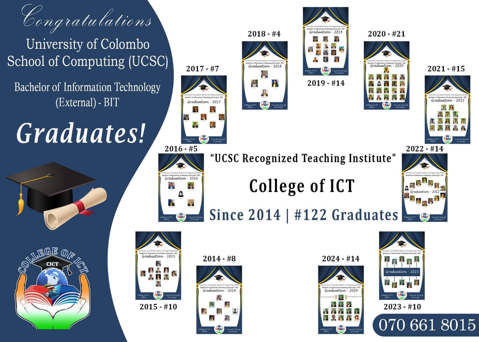College of ICT BIT graduation posters for every year from 2014 to 2024, 122 graduates in total